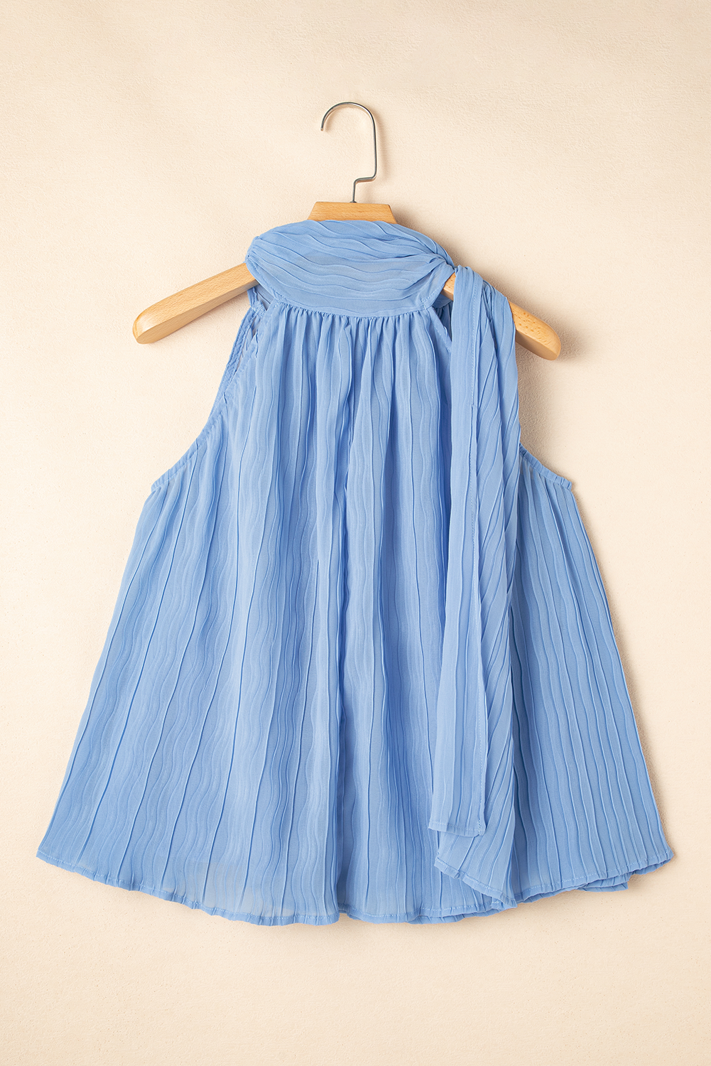 Myosotis Textured Pleated Tied Mock Neck Flowy Sleeveless Top eAura
