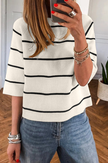 Ribbed Knit Half Sleeve Loose Sweater Tee – White Stripe