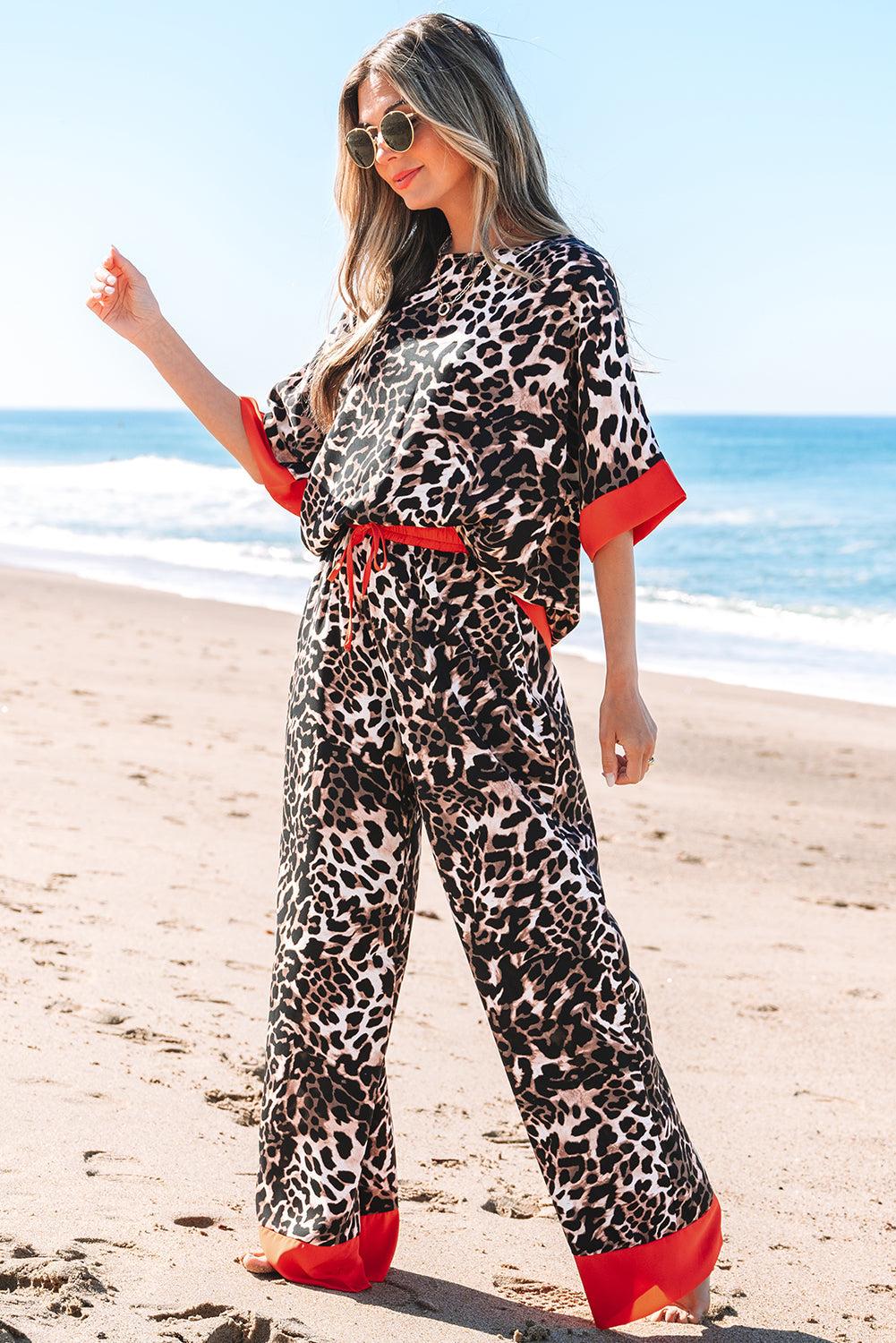Brown Animal Print Colour Contrast Edge Loose Fit Trousers Set eAura