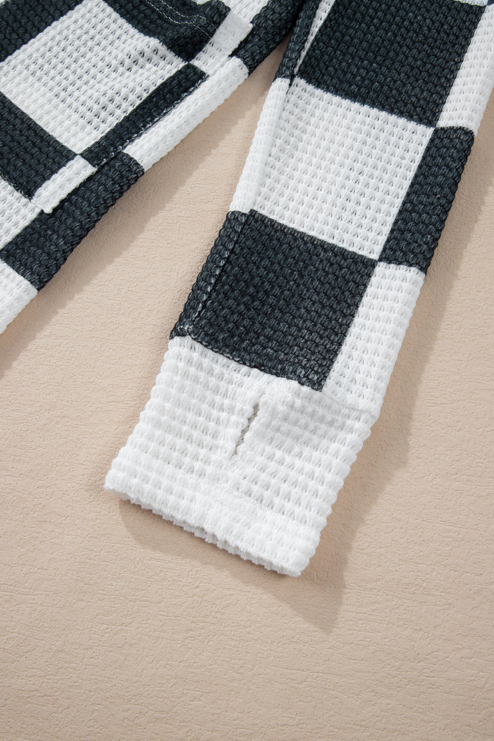 Black Checkered Waffle Knit Thumbhole Open Front Cardigan eAura