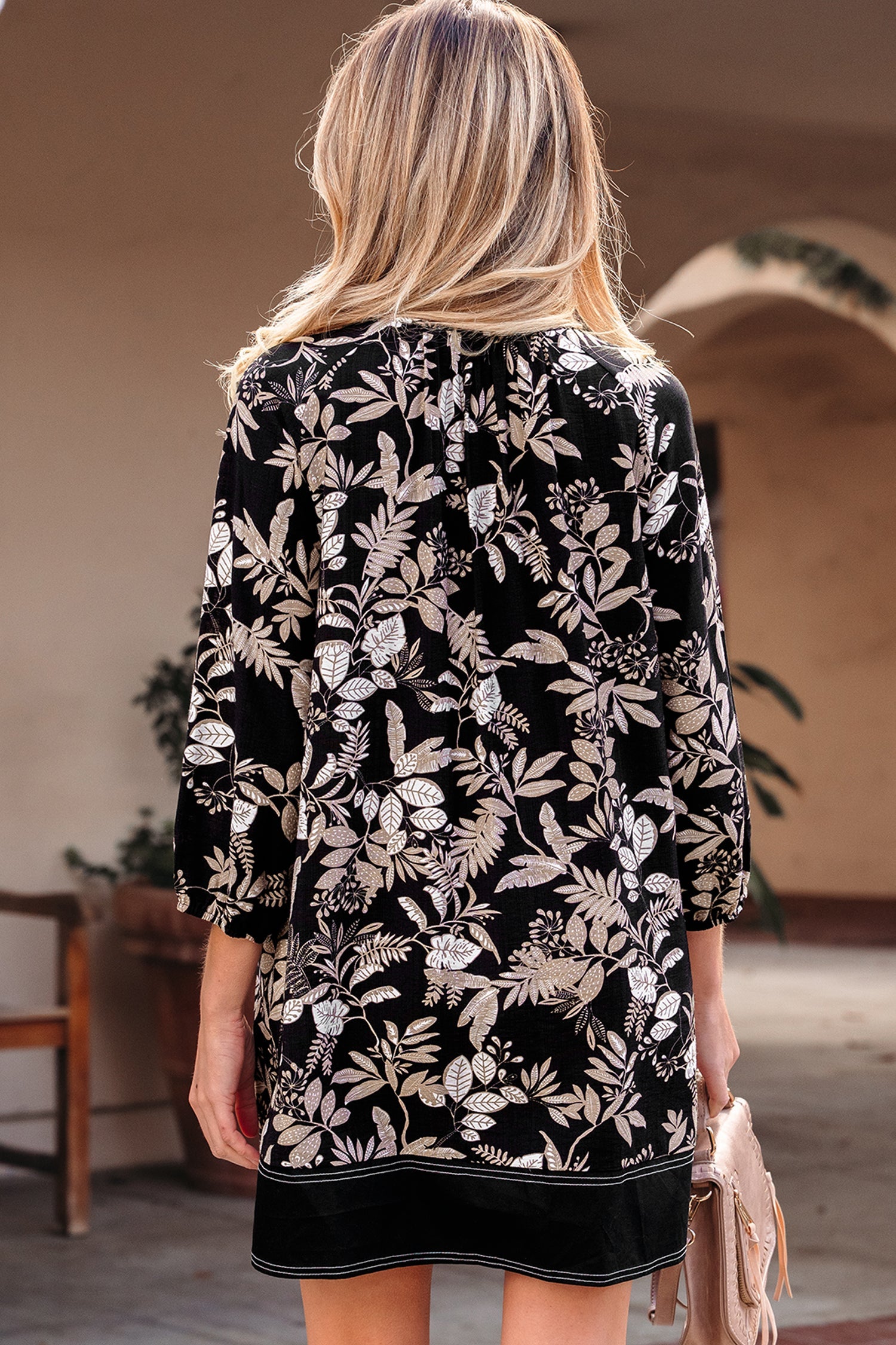 Botanical Print Split Neck Mini Dress - eAura
