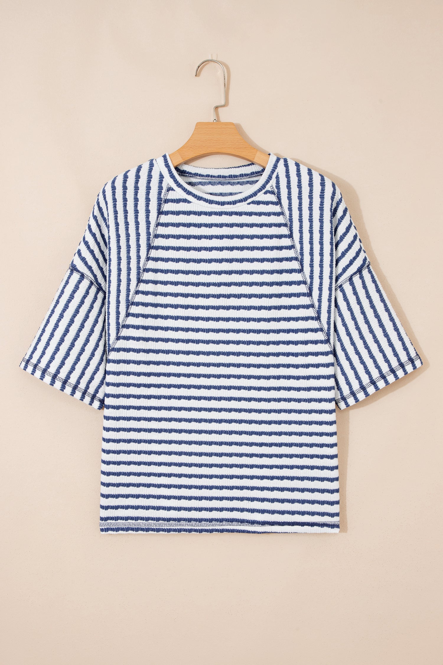 Striped Textured Knit Split Hem Half Sleeve Loose Top