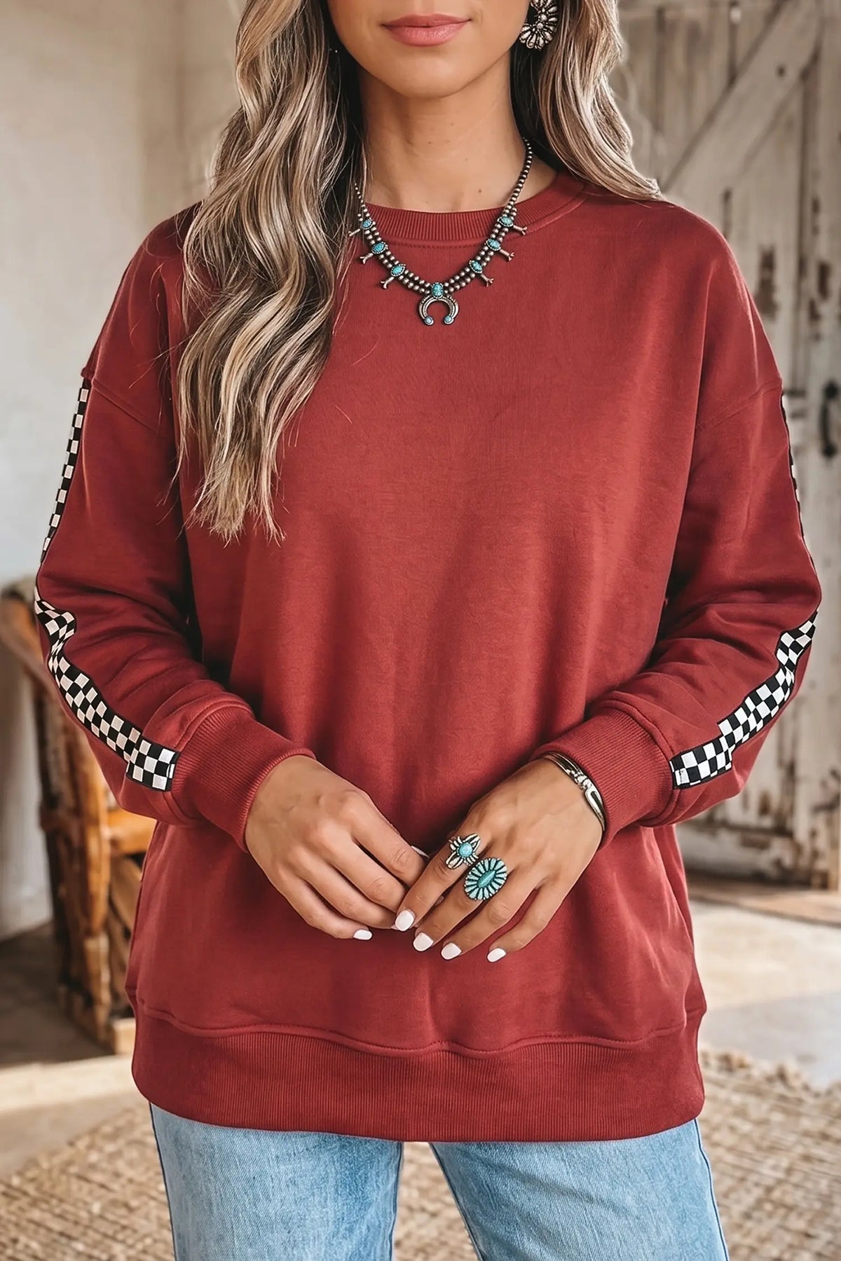Shift Sweatshirt Checkered Trim Long Sleeve Round Neck