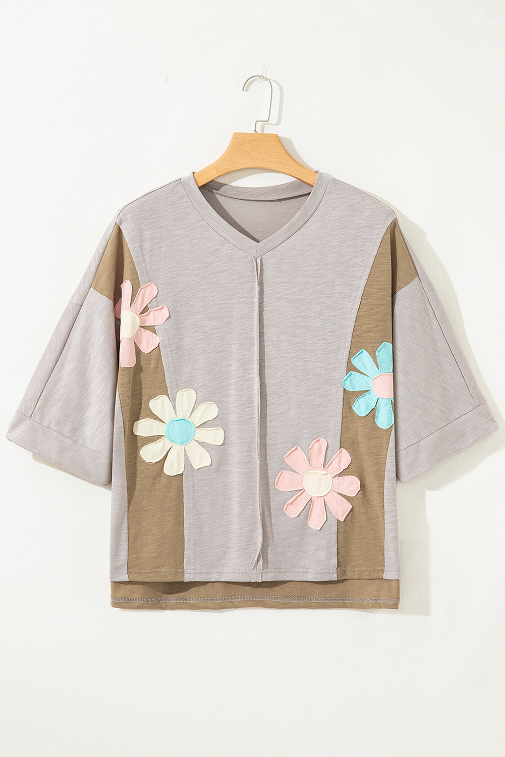 Flower Patched Exposed Seam Bracelet Sleeve Oversized T-Shirt - eAura