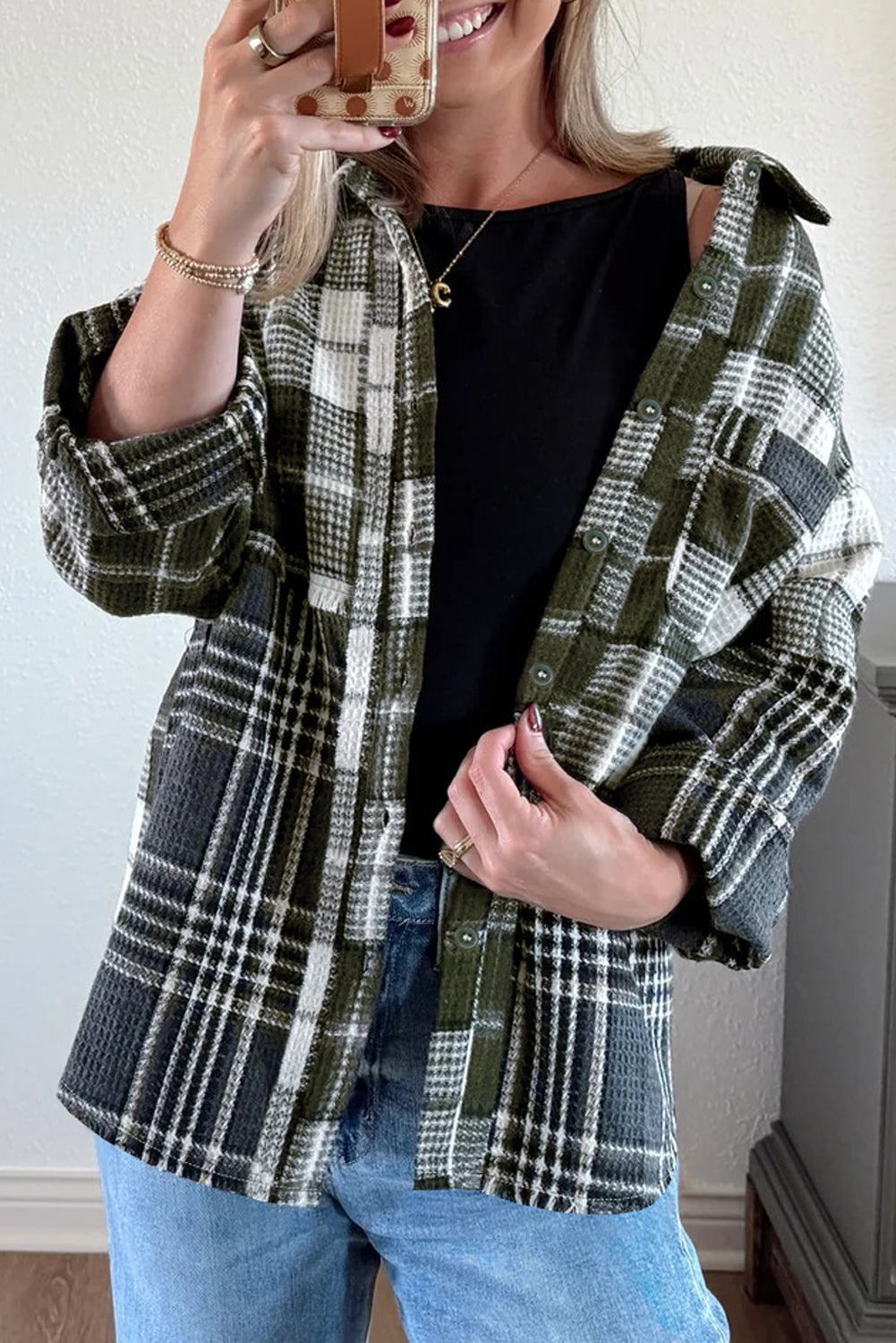 Plaid Print Textured Buttoned Shacket eAura