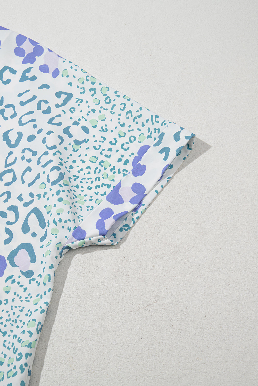 Sky Blue Mixed Leopard Print V Neck Short Sleeve Blouse eAura