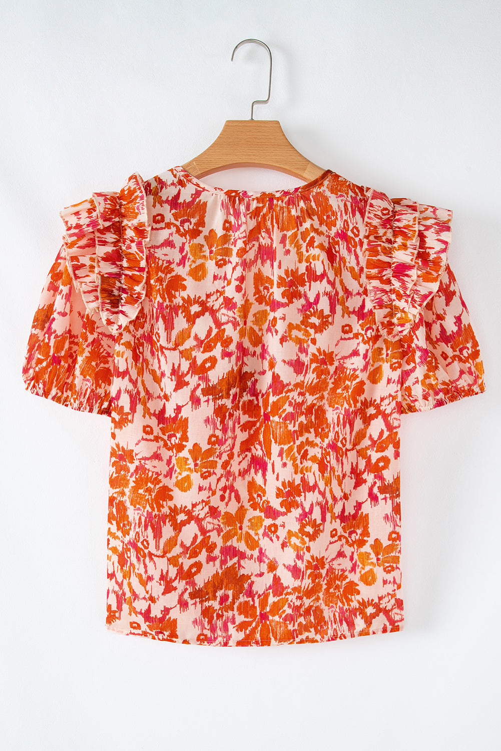 Orange Floral Print Ruffled Short Puff Sleeve Split Neck Blouse BB Fashion Outlet