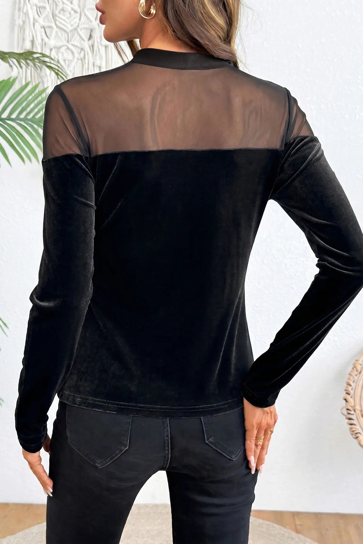 Long Sleeve Pullover Top Velvet Sheer Neck Patchwork