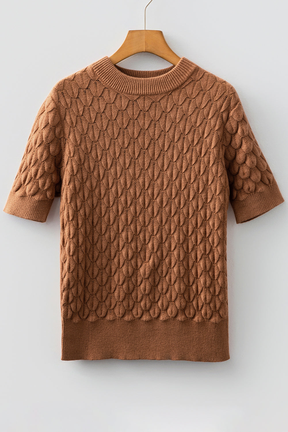 Fish Scale Textured Knit Ribbed High Neck Short Sleeve Sweater - eAura