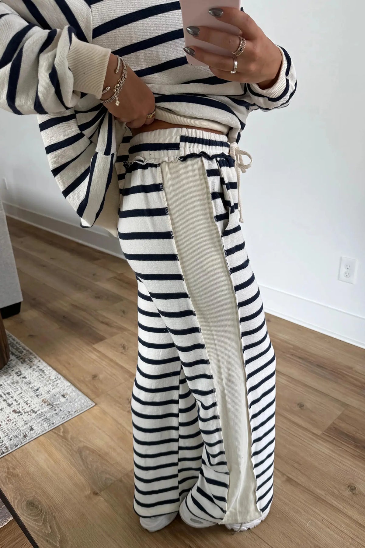 Striped Ribbed Cuff Collar Pocket Loose Pant Set – Blue Stripe