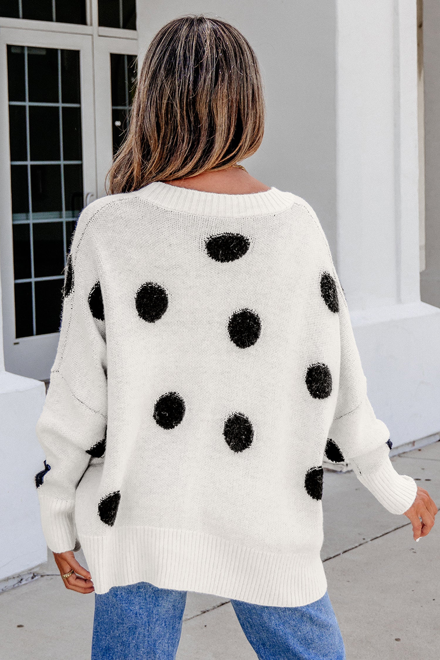 Polka Dot Button Front Oversized V Neck Cardigan – Beige