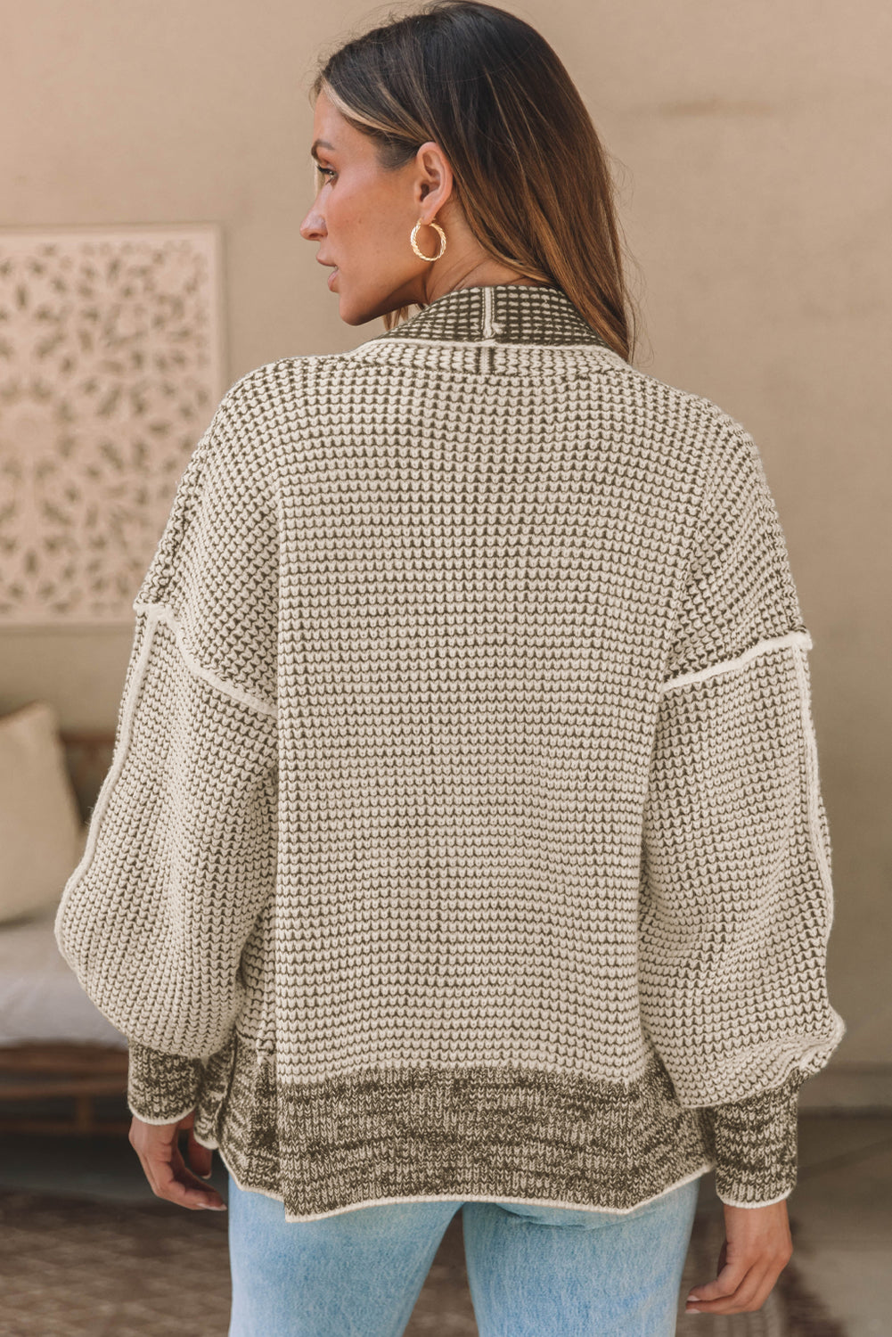 Brown Chunky Waffle Knit Oversized Collar Cardigan eAura