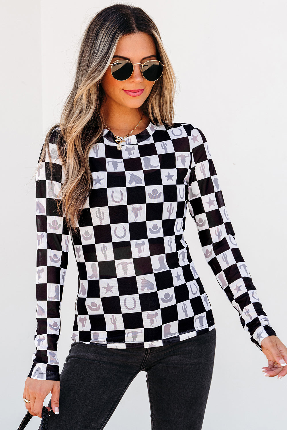 Black Checkerboard Western Elements Printed Mesh Long Sleeve Top eAura
