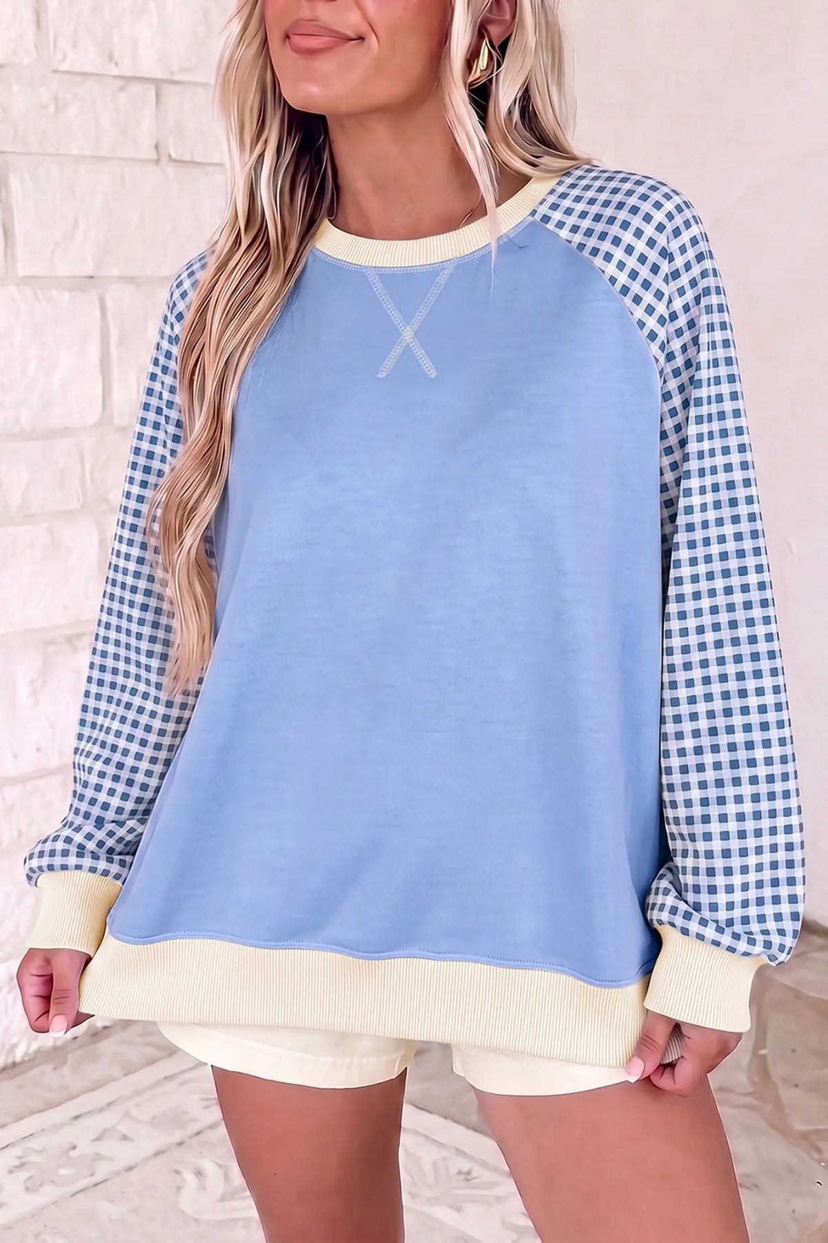 Plaid Sleeve Colourblock Raglan Pullover Sweatshirt – Beige