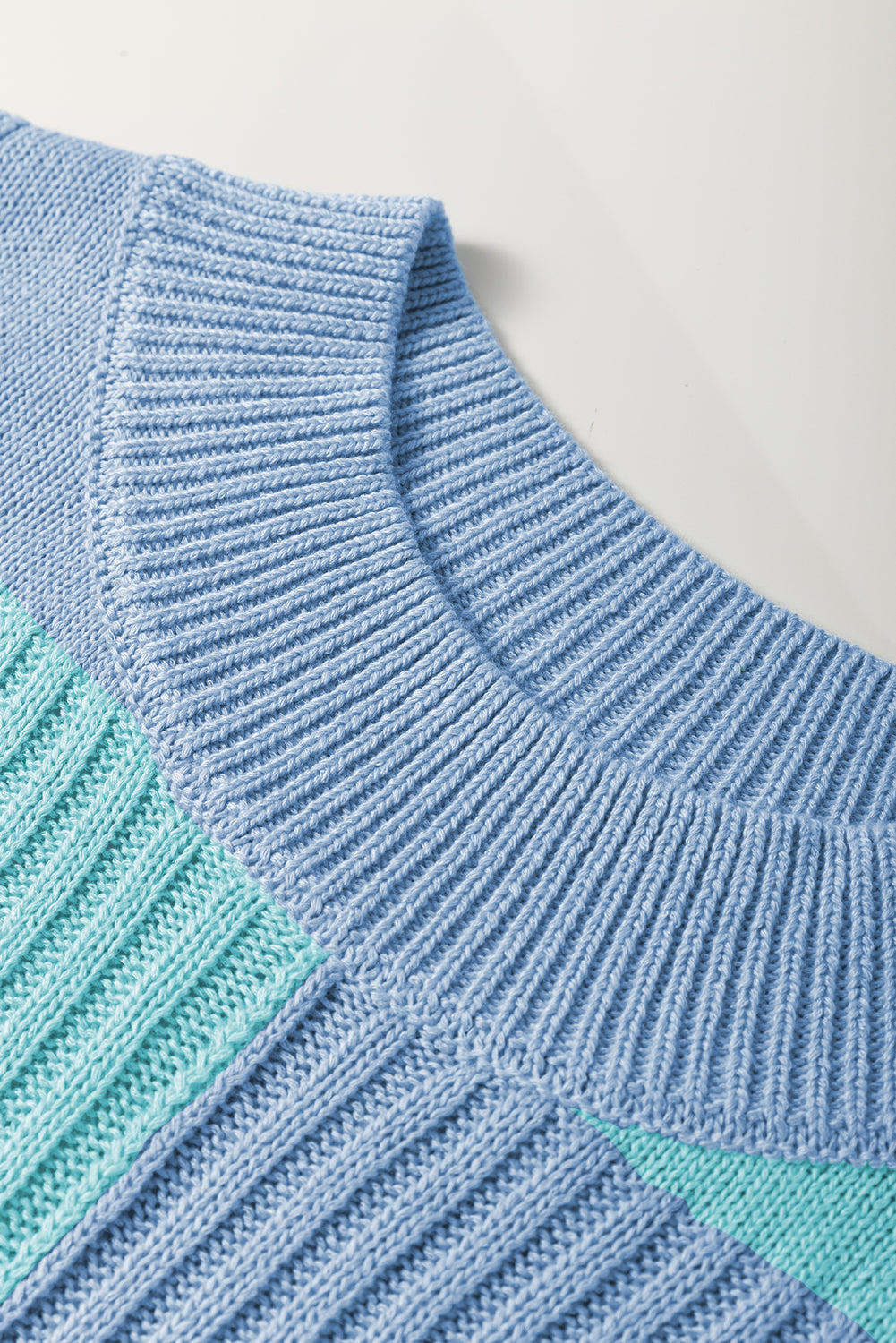 Light Blue Checkered Colour Block Crew Neck Short Sleeve Sweater eAura
