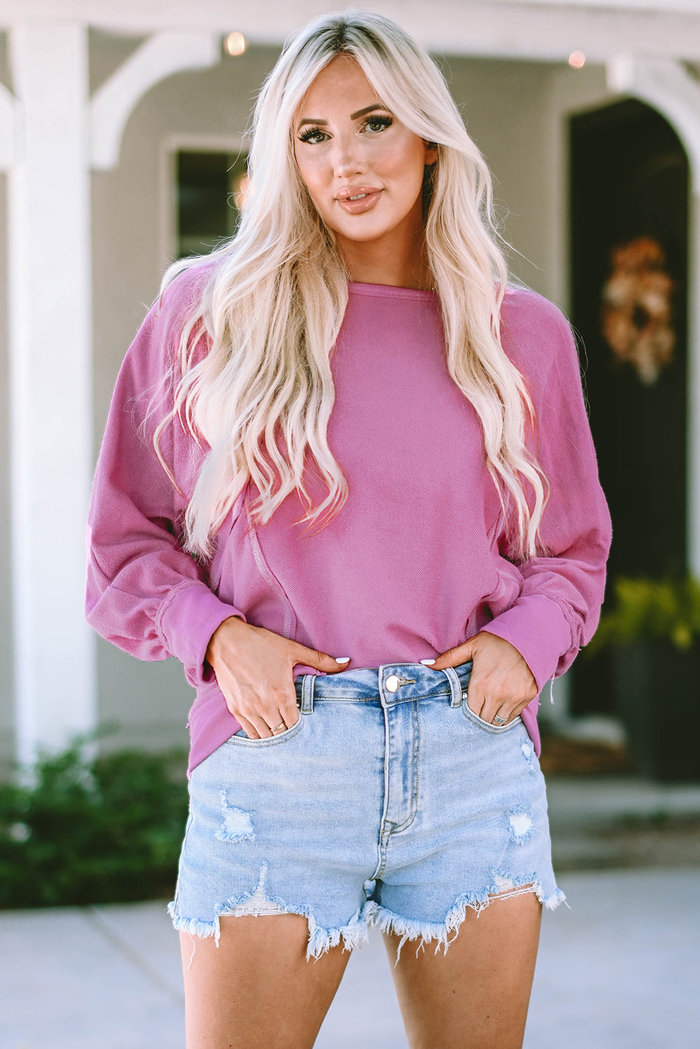 Pink Exposed Seam Round Neck Terry Pullover eAura
