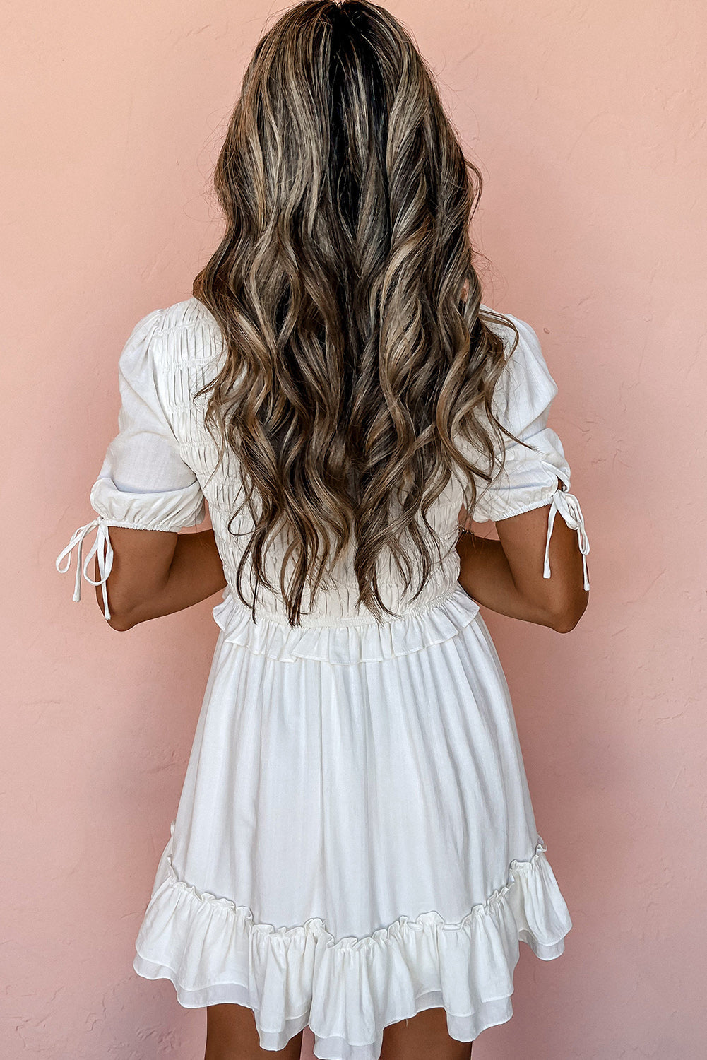 White Tie Short Sleeves Smocked Ruffle Mini Dress eAura