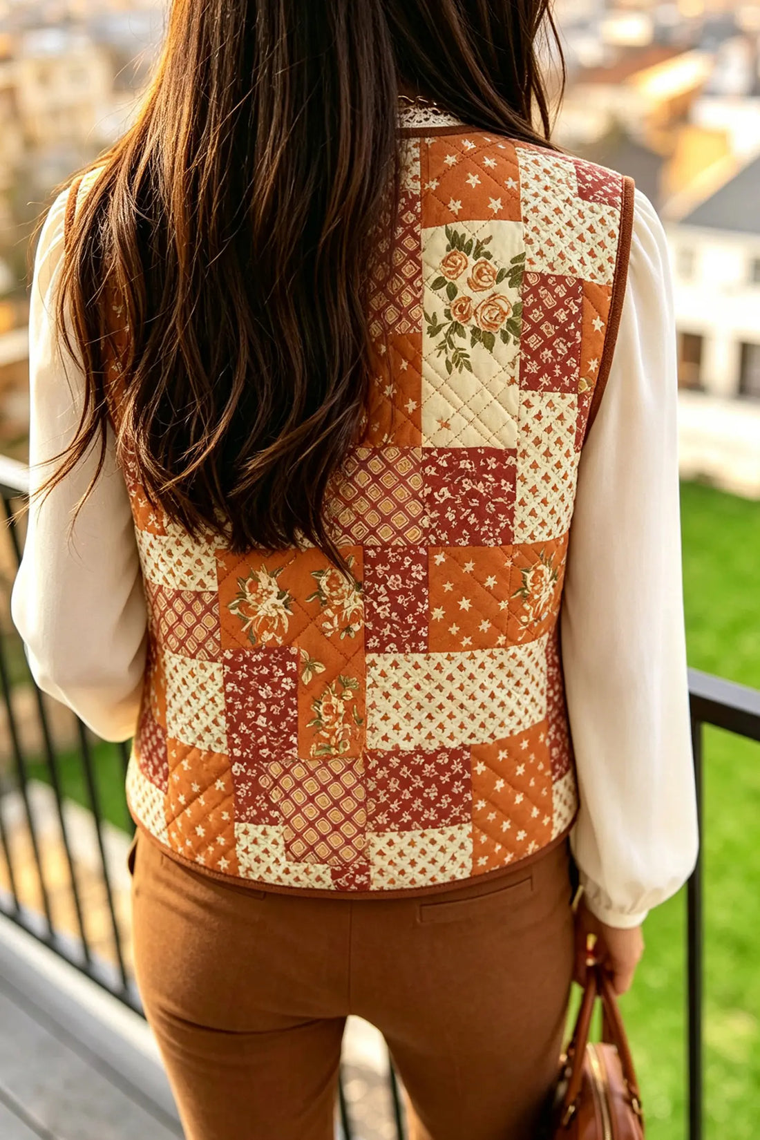 Quilted Floral Patchwork Contrast Trim V Neck Button Vest
