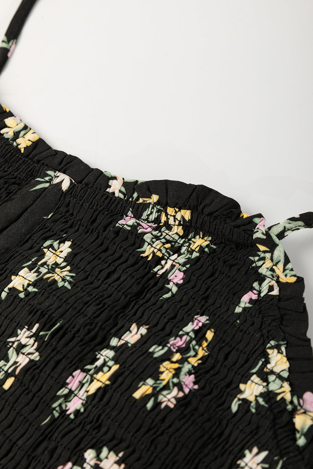 Black Floral Spaghetti Strap Shirred Bodice Tied Empire Waist Maxi Dress eAura