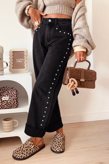Studded Detail Straight Leg Casual Loose Jeans – Black
