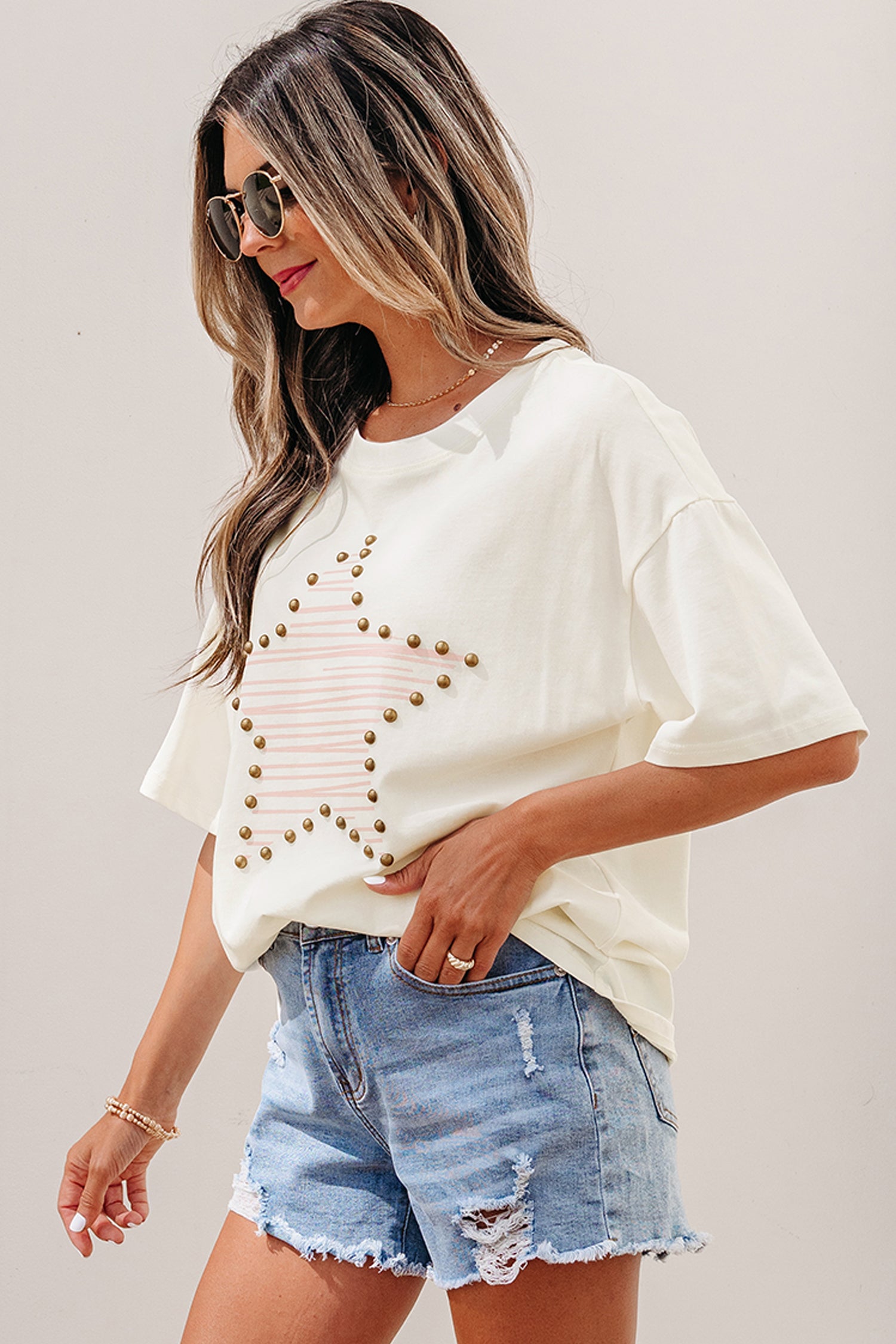 Star Print Stud Detail Cotton Jersey Top – Beige