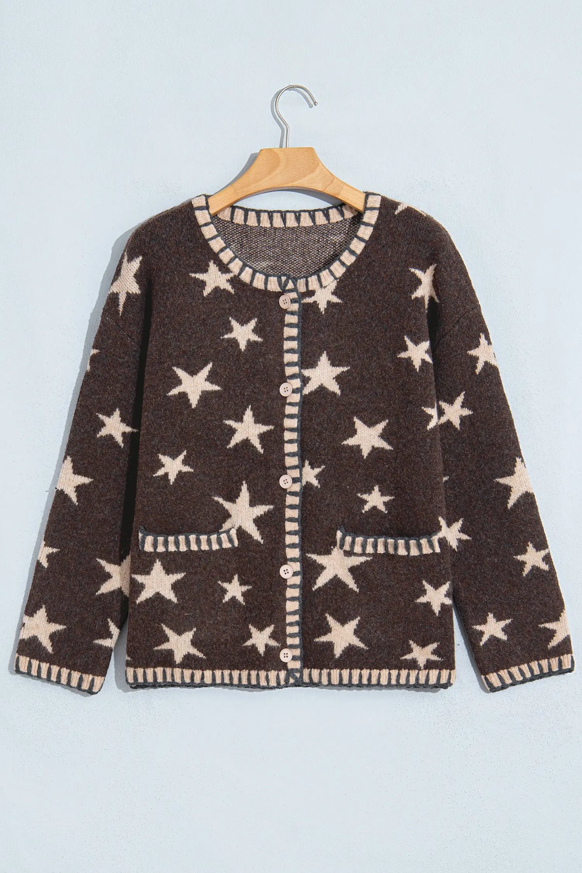 Stars Pattern Colourblock Long Sleeve Shift Cardigan – Brown