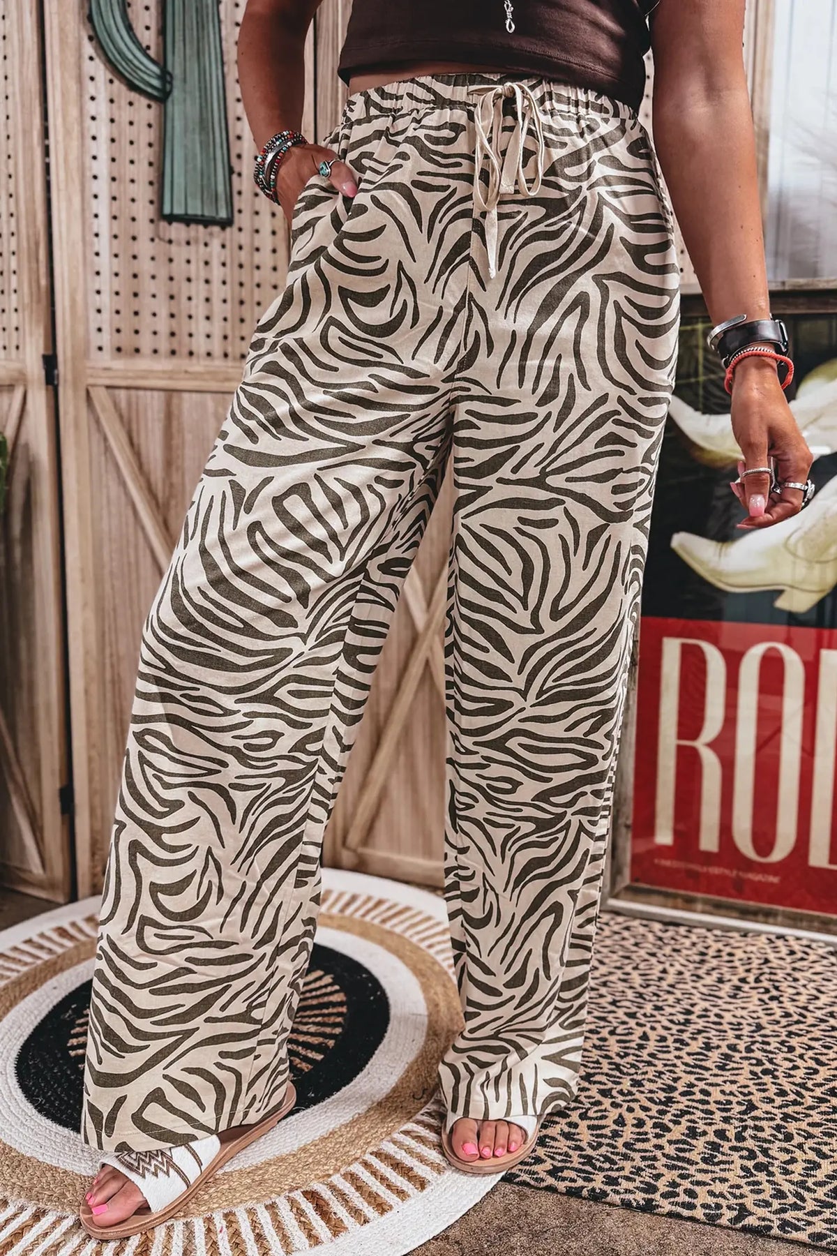Western Print Zebra Pattern Elastic Waist Pocket Full-Length Pants – Multicolour