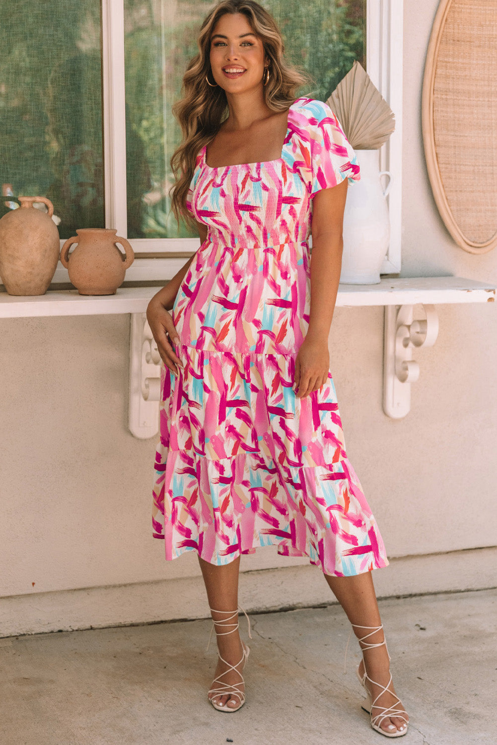 Pink Brush Stroke Printed Smocked Ruffle Tiered Dress eAura