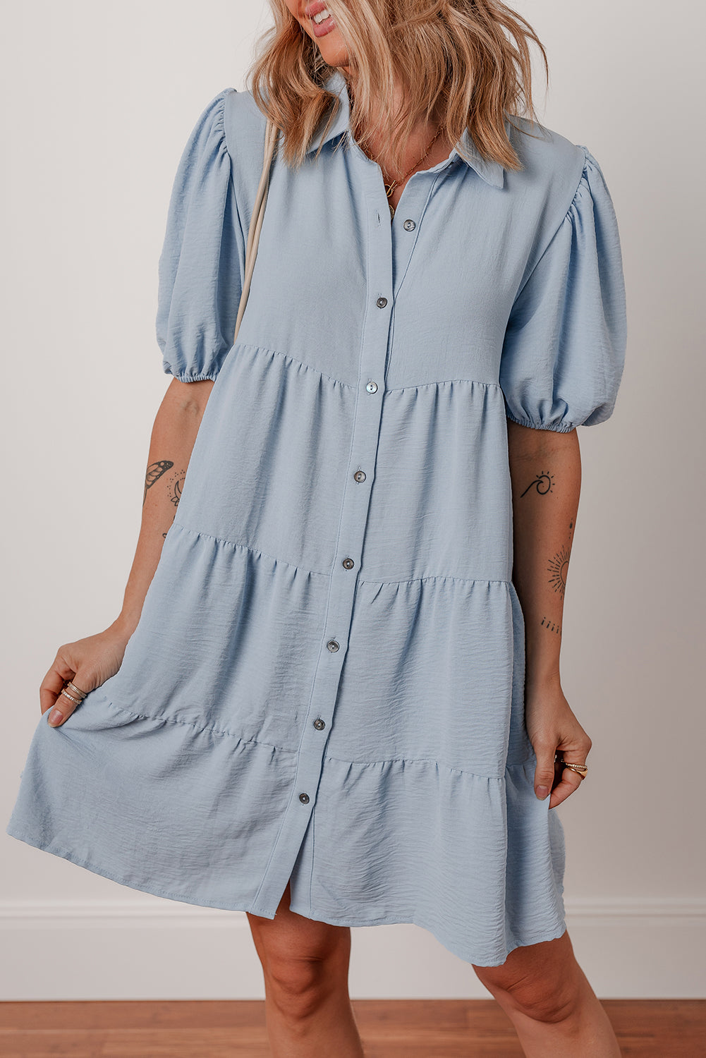 Beau Blue Shirt Collar Button Up Short Puff Sleeve Tiered Shift Dress - eAura