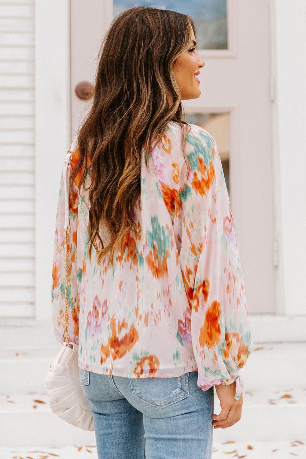 MultiColour Abstract Print Split Neck Puff Sleeve Blouse eAura