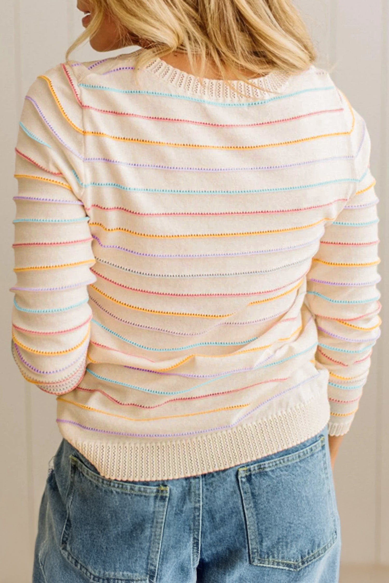 Colorful Stripes Crew Neck Knit Sweater – Beige Stripe