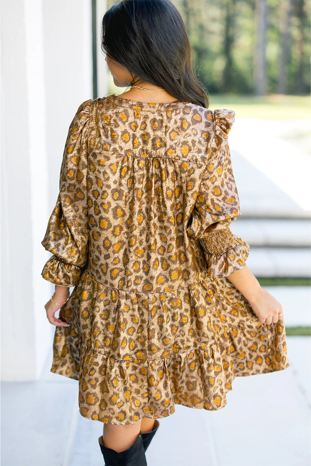 Leopard Print V-Neck Ruffled Sleeve Tiered Loose Mini Dress - eAura