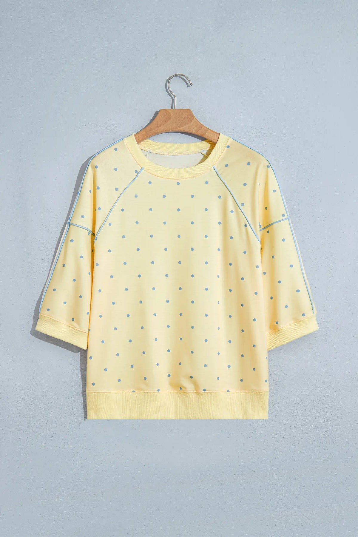 Polka Dot Print Piping Trim 3/4 Sleeve Relaxed Top – Yellow