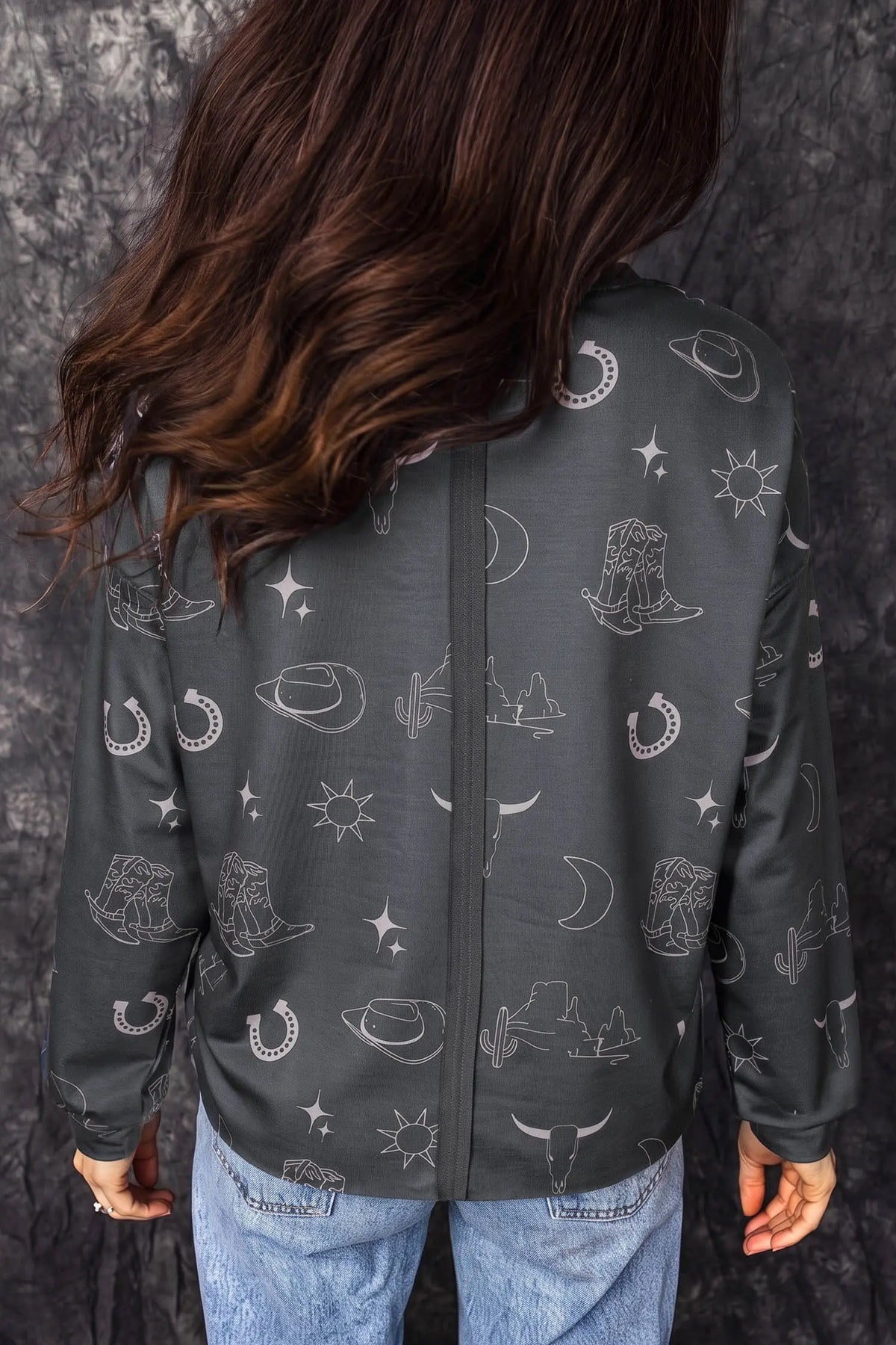 Western Print Crew Neck Sweatshirt – Grey