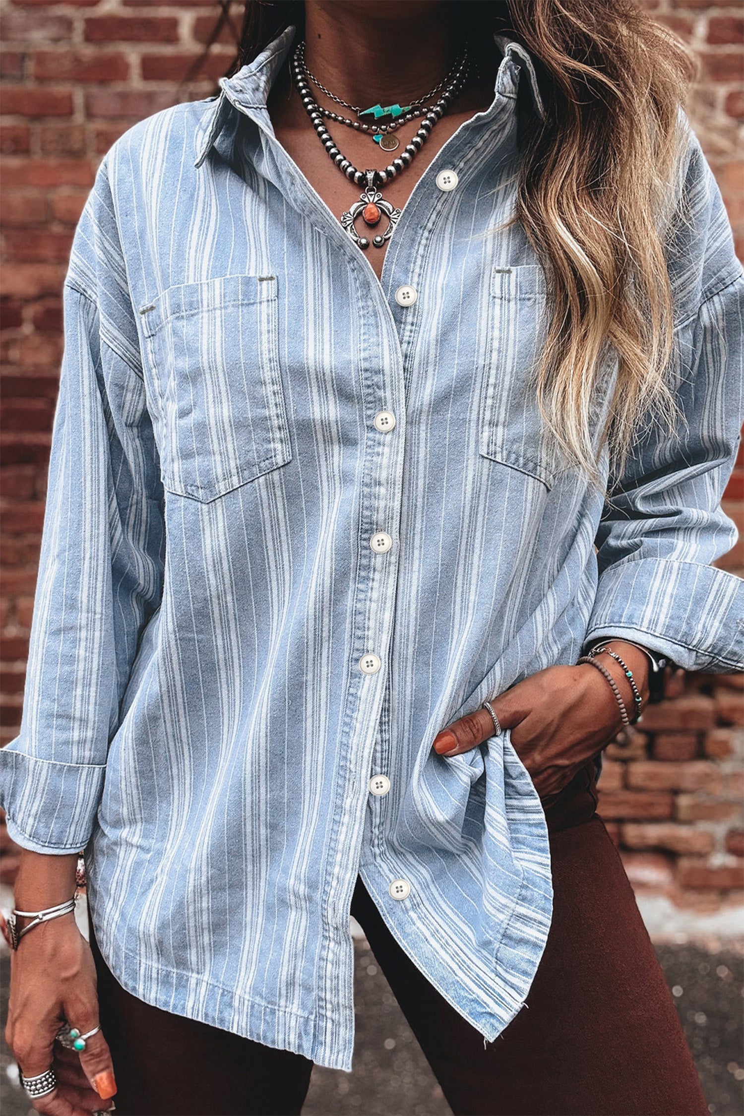Blue Striped Boyfriend Chest Pocket Classic Denim Shirt - L - Tops/Blouses & Shirts