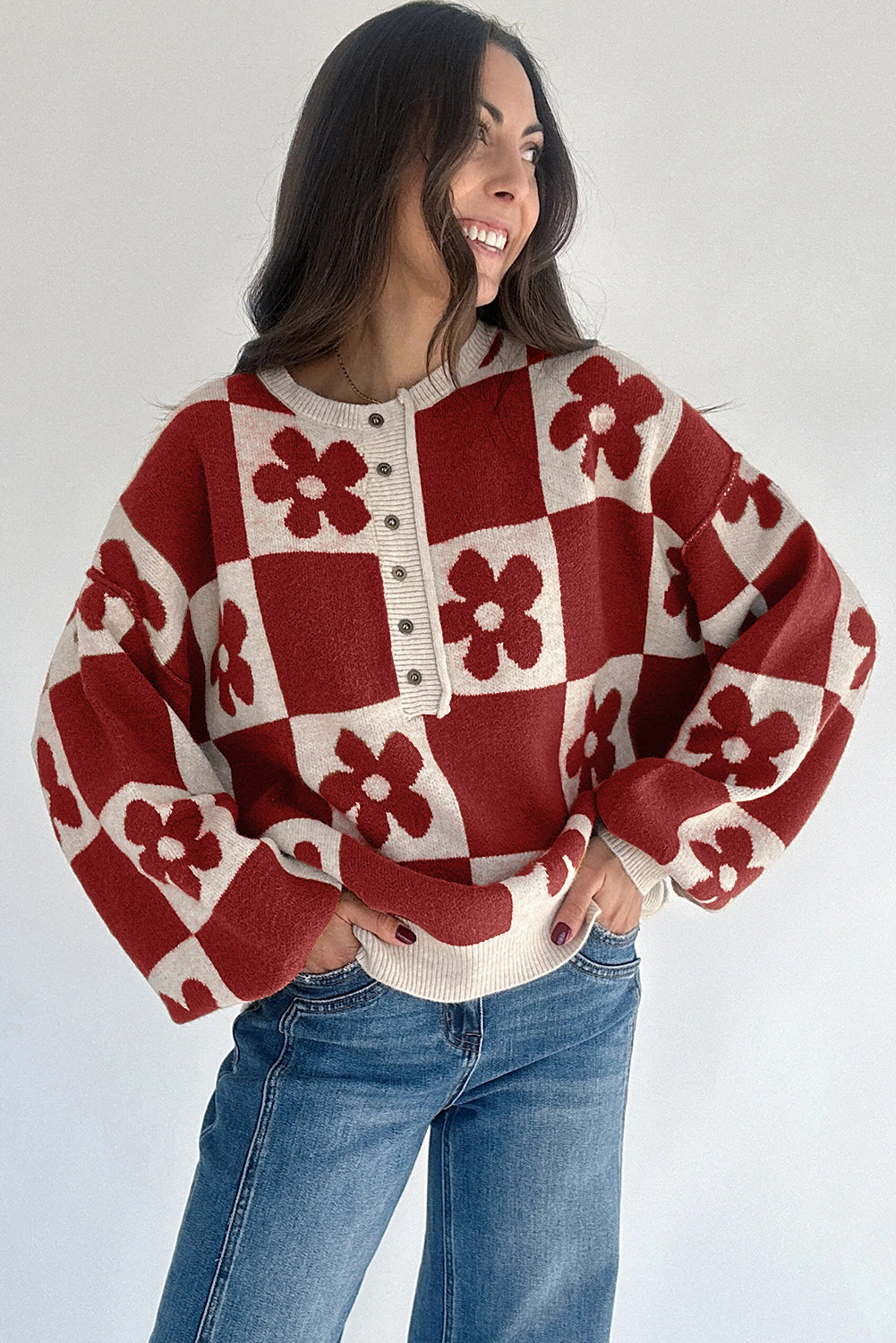 Flower Colourblock Checkered Henley Sweater - eAura