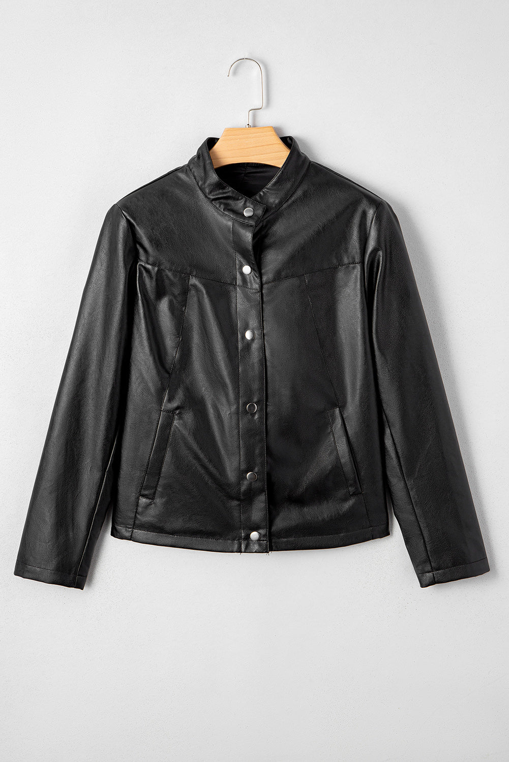 Black Faux Leather Buttoned Front Boxy Jacket eAura