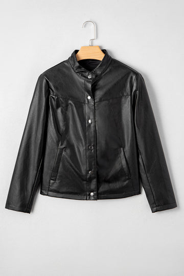 Black Faux Leather Buttoned Front Boxy Jacket eAura