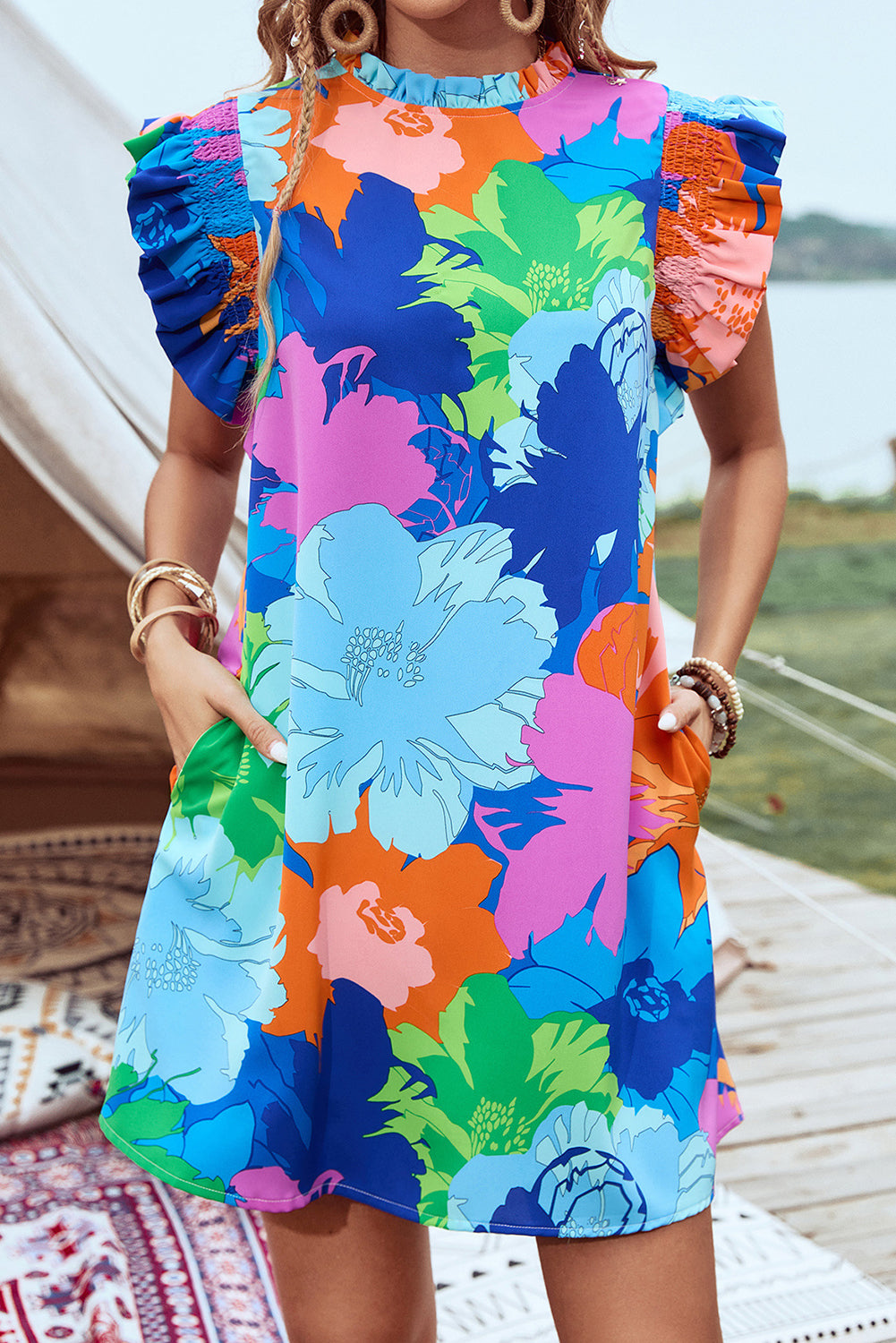 Blue Bold Floral Flutter Sleeve Shift Mini Dress with Pockets eAura