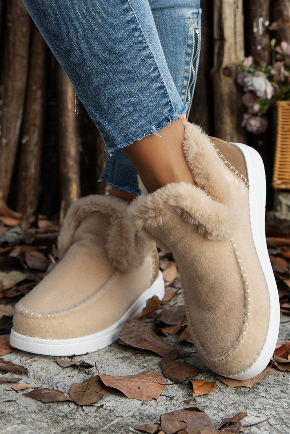 Beige Suede Stitching Patchwork Plush Lined Anklet Boots - eAura
