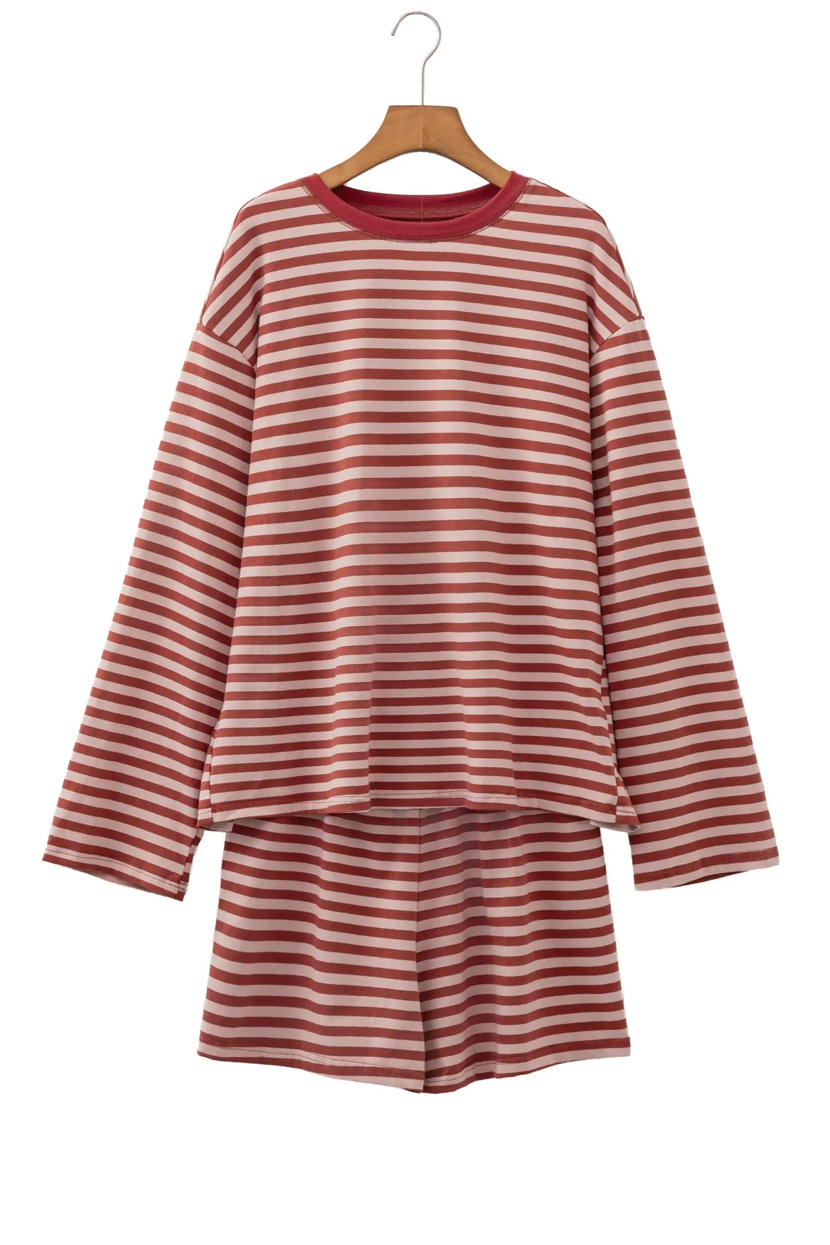 Relaxed Long Sleeve Top Contrast Elastic Waistband Short Set – Brown Stripe