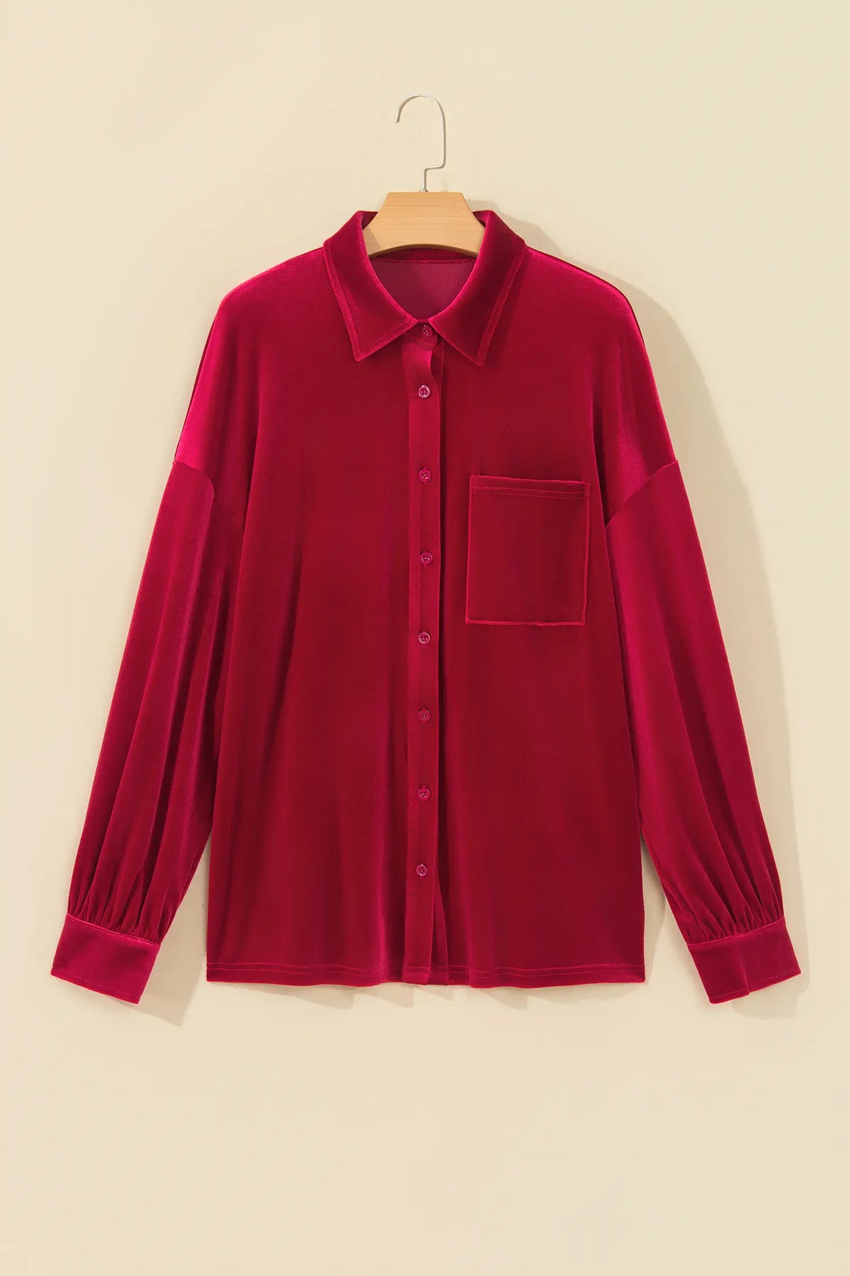 Button-down velvet shirt with patch pocket