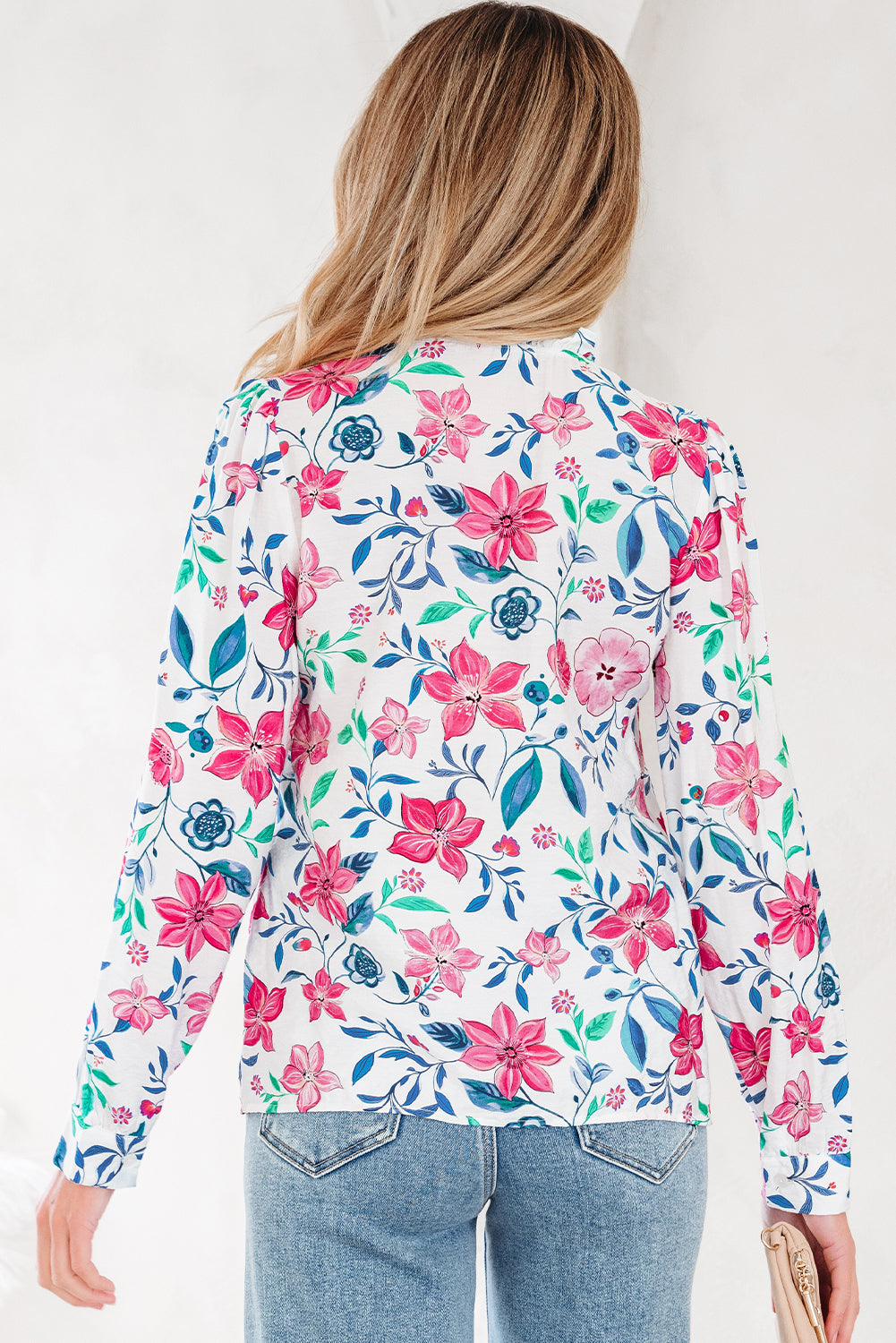 Pink Floral Print Lace Detail Button-up Long Sleeve Shirt - eAura