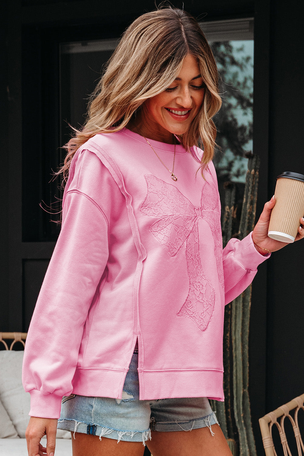 Lace Insert Bow Embroidered Exposed Seam Sweatshirt - eAura