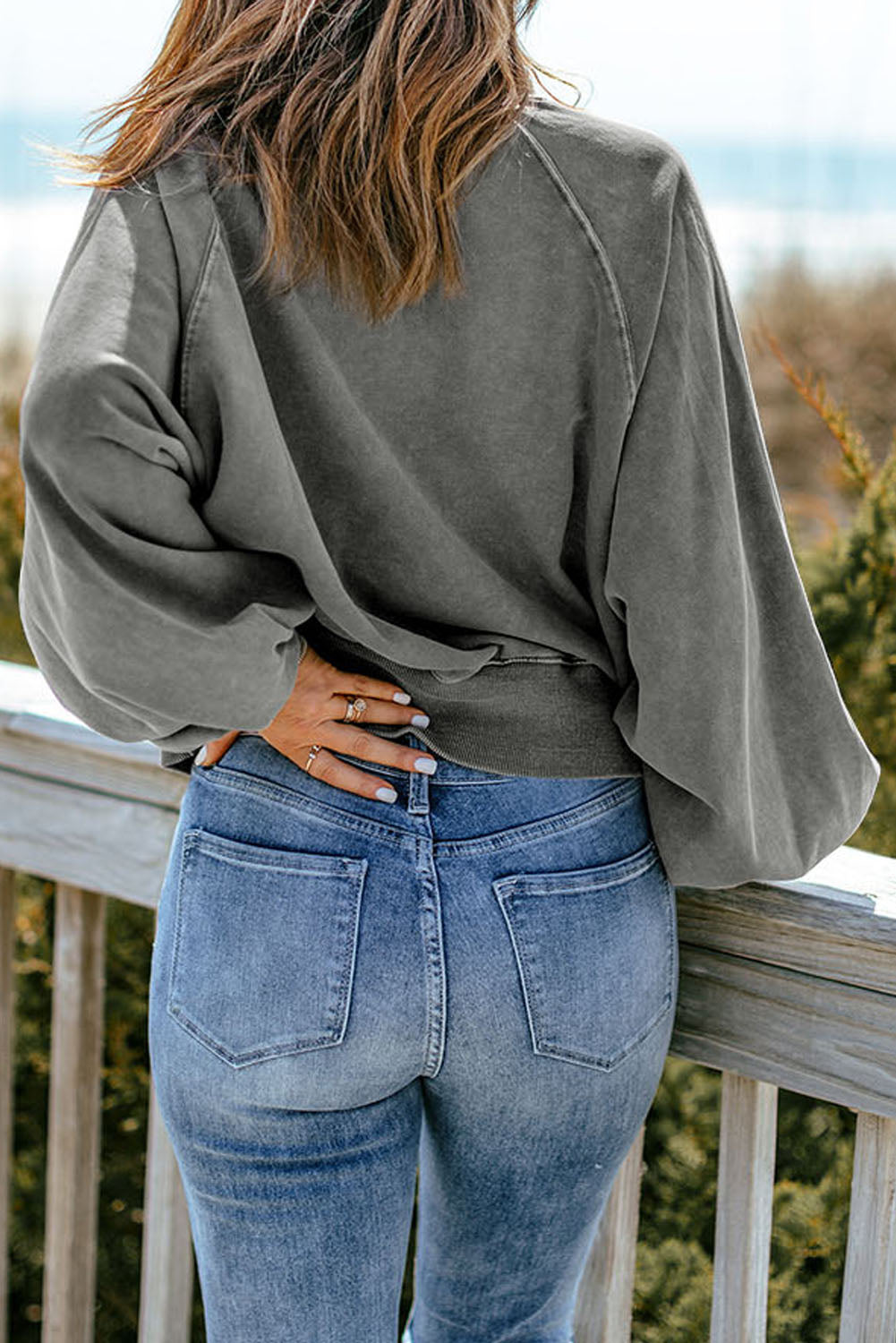 Grey Washed Snap Buttons Lantern Sleeve Pullover Sweatshirt eAura