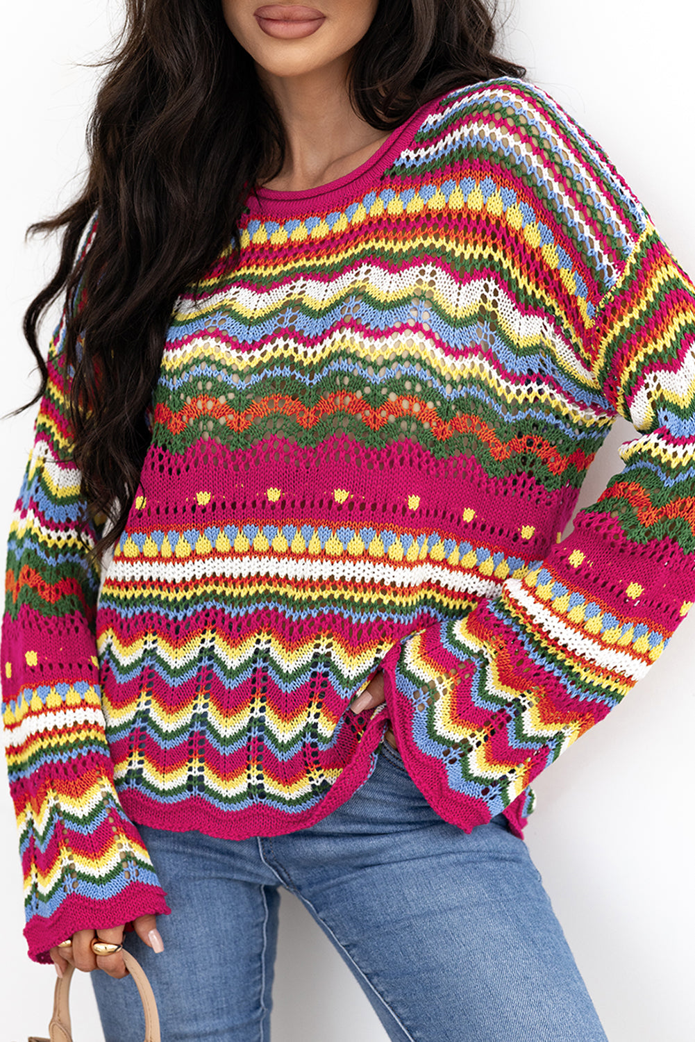 Rose Red Colourblock Striped Hollowed Knit Loose Sleeve Sweater eAura