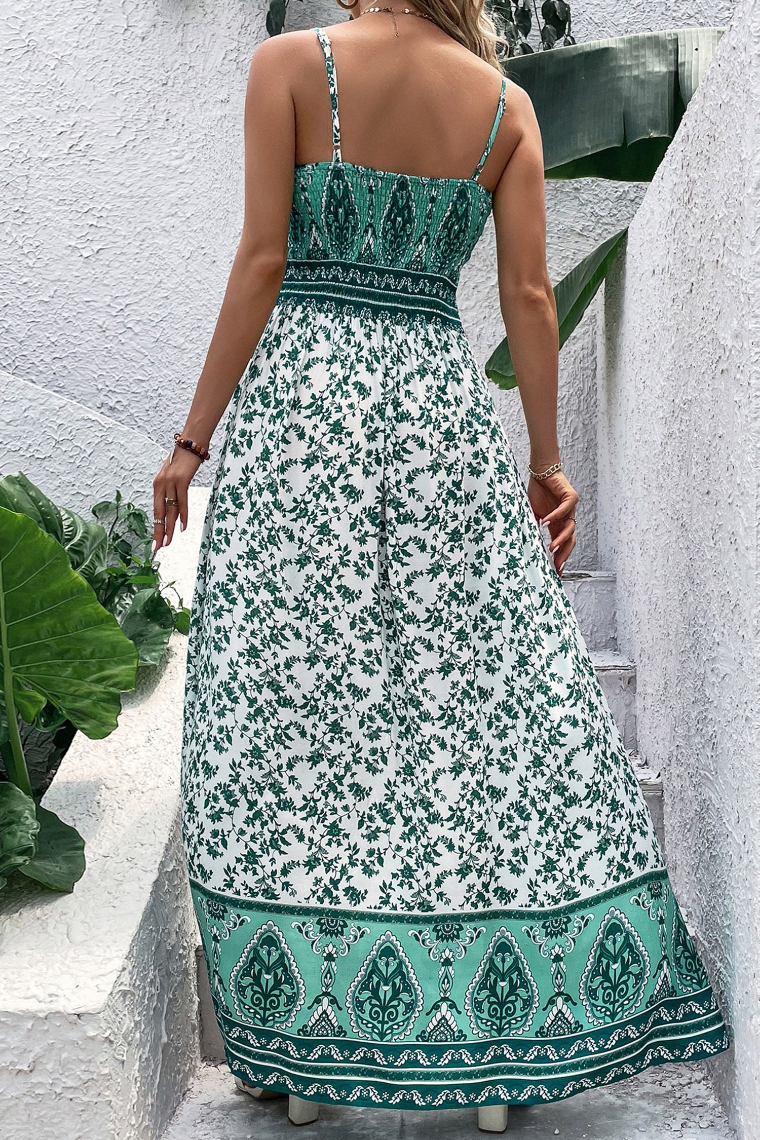 Green Boho Floral Print Shirred Cami Maxi Dress