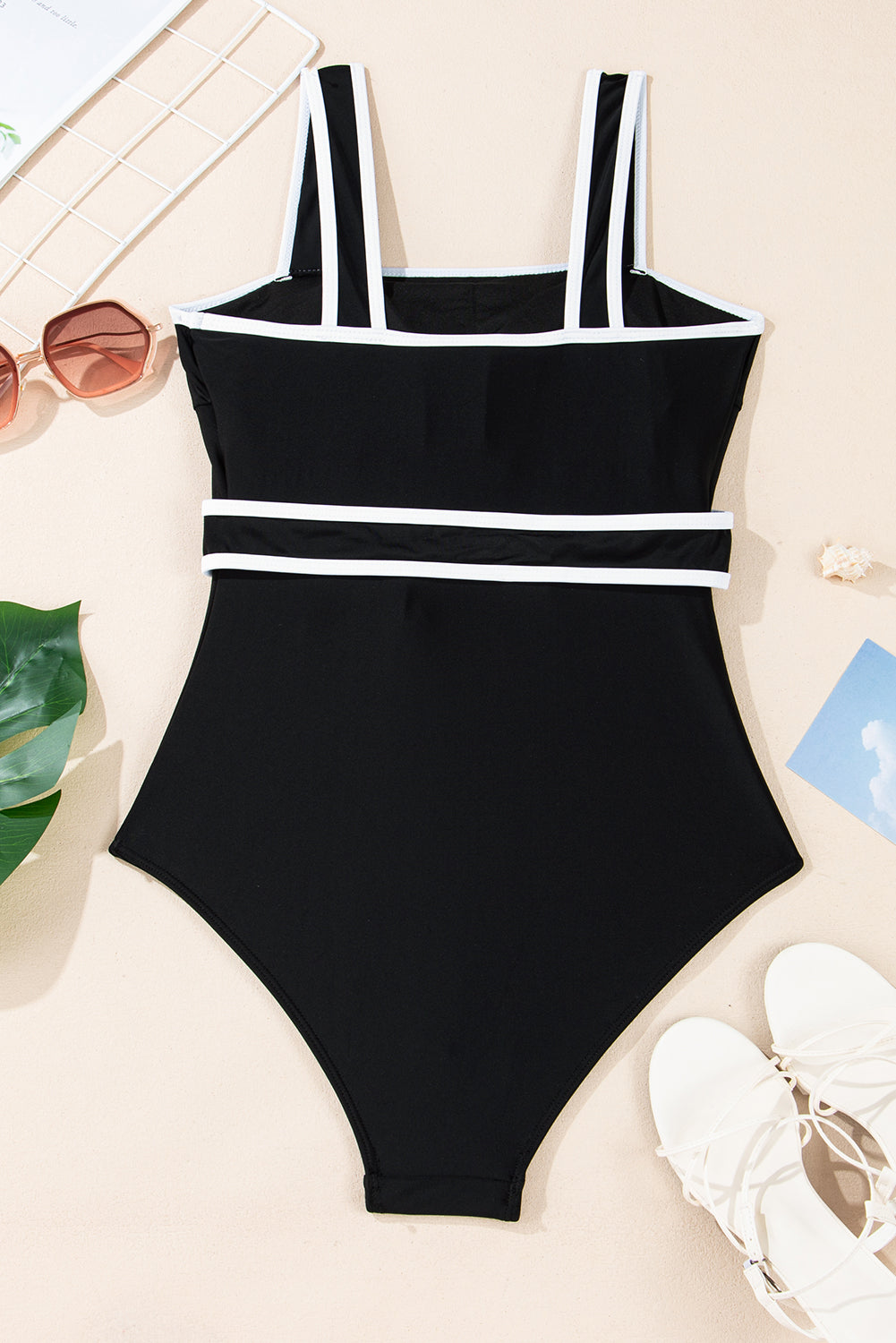 Black Colourblock Edge Belted One Piece Swimsuit eAura