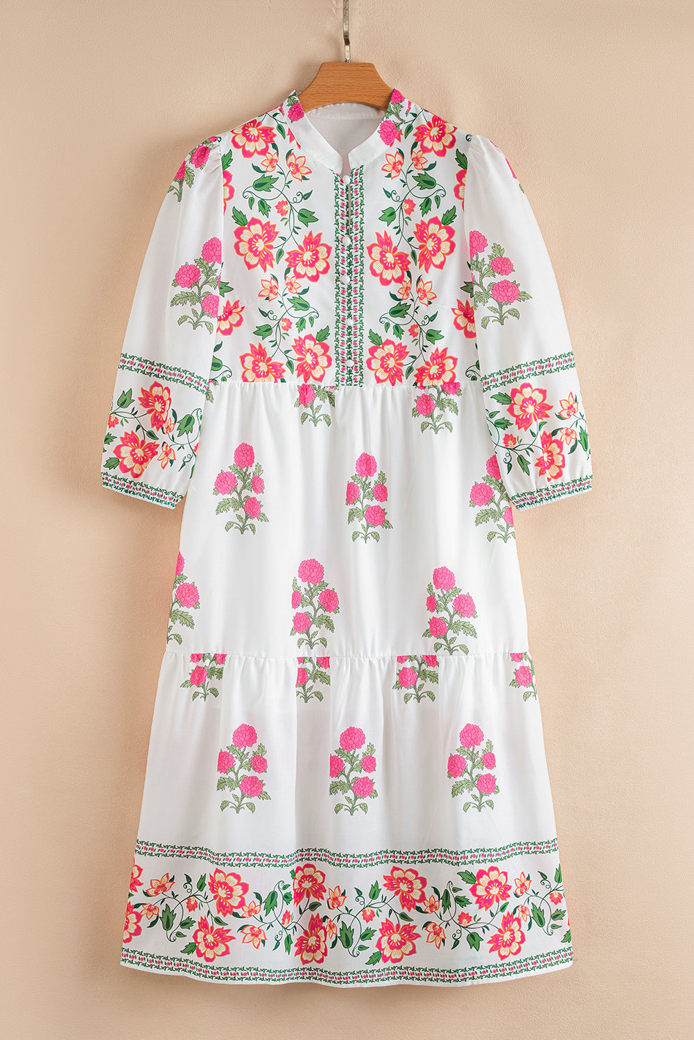 White Floral Print Half Button Mandarin Neck 3/4 Sleeve Maxi Dress Dear-Lover Dropshipping