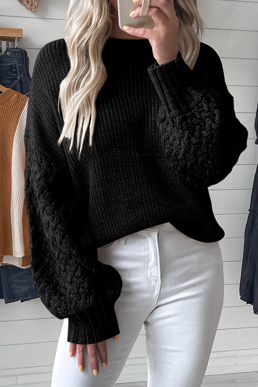 Light Grey Cable Knit Sleeve Drop Shoulder Sweater eAura
